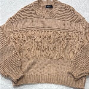Cream/Peach Crew Neck Sweater with Fringe Detail